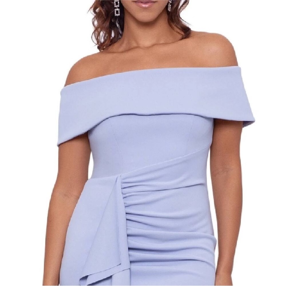 XSCAPE Wrenley Off-Shoulder Ruffled Crepe Sheath Dress Sz 14 Sky Blue - Picture 2 of 8